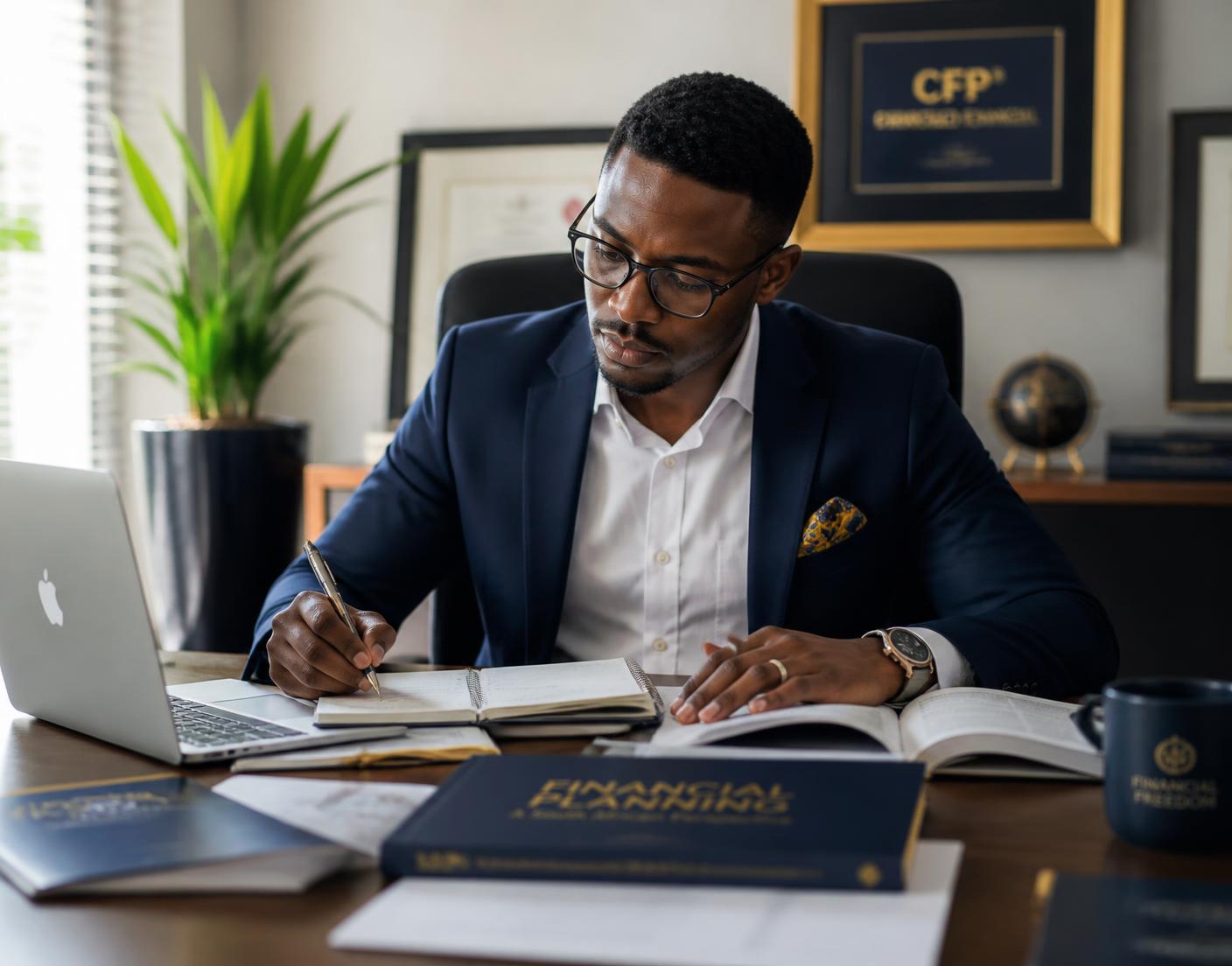 Financial adviser studying RE5 exam material at a desk